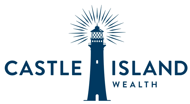 A blue lighthouse with the words castle island wealth on top.
